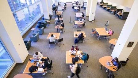 Overhead shot of students studying on the first floor of Davis Library on the campus of UNC-Chapel Hill.